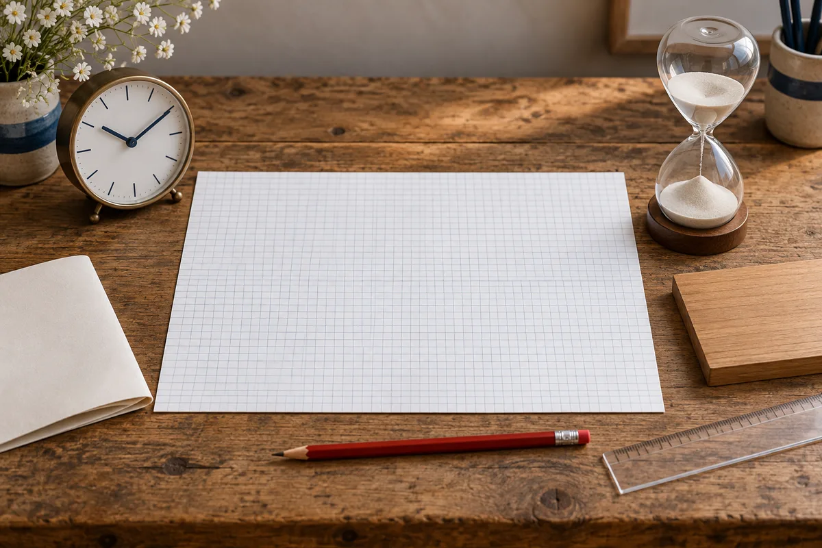A clock and hourglass flank a blank sheet of graph paper on a wooden desk, with a red pencil, ruler, and folded paper nearby.