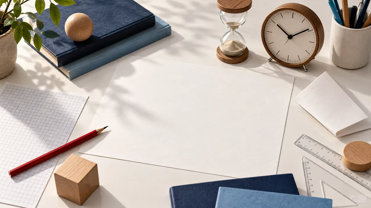 A white desk holds a blank sheet of paper, an hourglass, a round clock, blue notebooks, graph paper, rulers, a red pencil, wooden blocks, and a cup of pens.