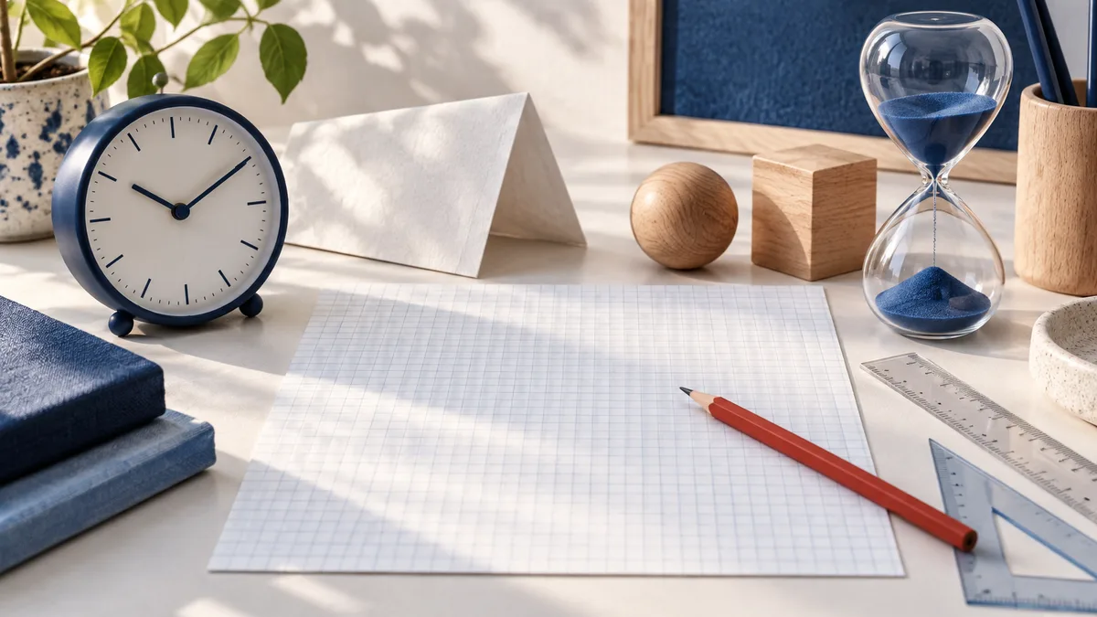 A blue alarm clock, hourglass, red pencil, transparent rulers, blank graph paper, folded white paper, and wooden shapes arranged on a light desk.