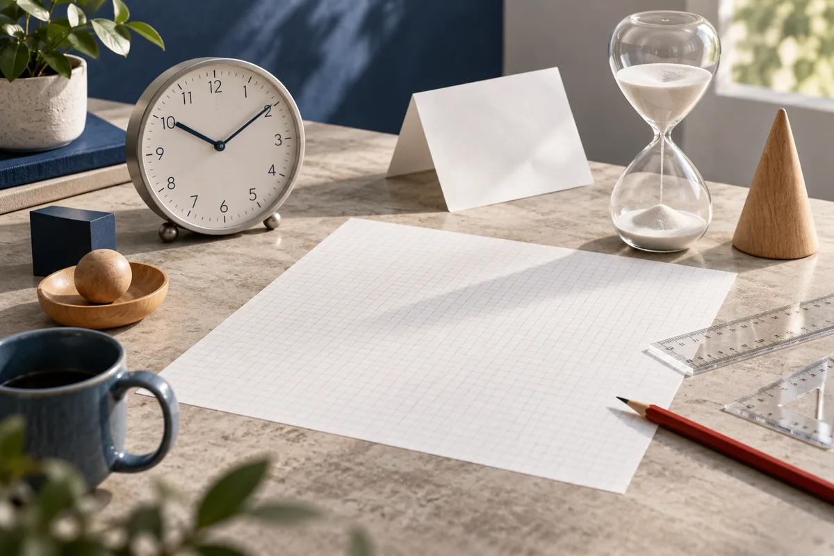 A clock and hourglass sit beside blank graph paper, a pencil, rulers, and wooden shapes on a desk.