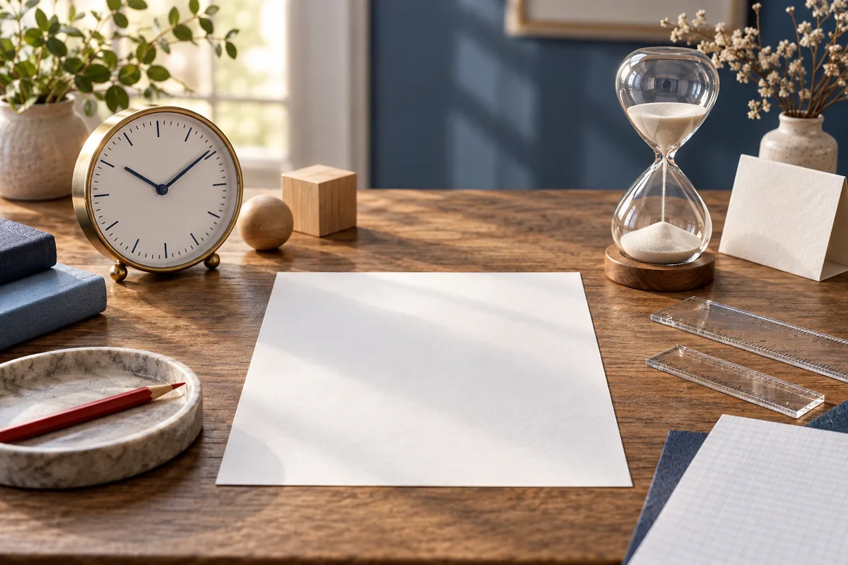 A blank sheet of paper on a wooden desk, surrounded by a clock, an hourglass, clear rulers, a red pencil, and small wooden blocks.