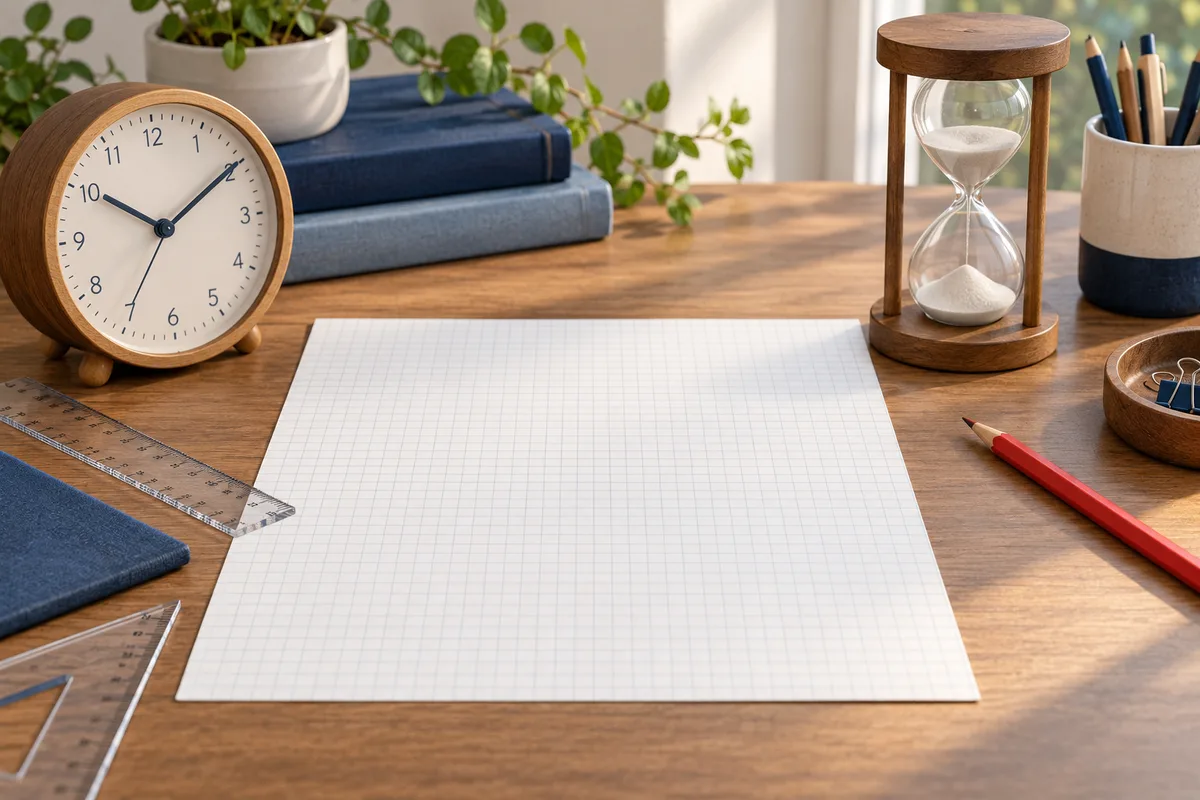 A clock, an hourglass, rulers and pencils surround a blank sheet of graph paper on a wooden desk.