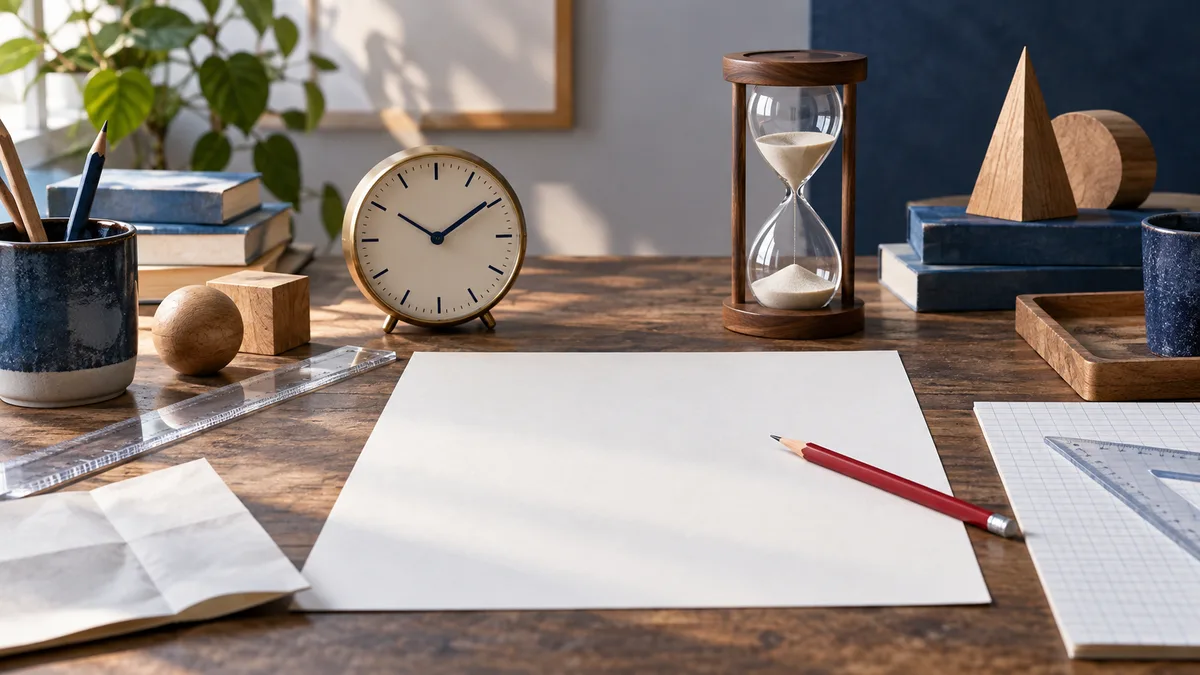 A clock and hourglass sit behind a blank sheet on a wooden desk, surrounded by pencils, rulers, graph paper, and wooden shapes.