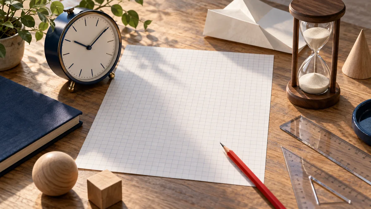A blank sheet of graph paper and red pencil sit on a wooden desk beside a clock, hourglass, clear rulers, wooden shapes, and a potted plant.
