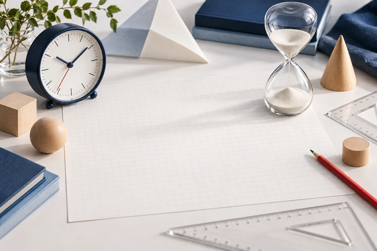 A clock and hourglass sit beside blank graph paper, rulers, a red pencil, wooden shapes, and books.