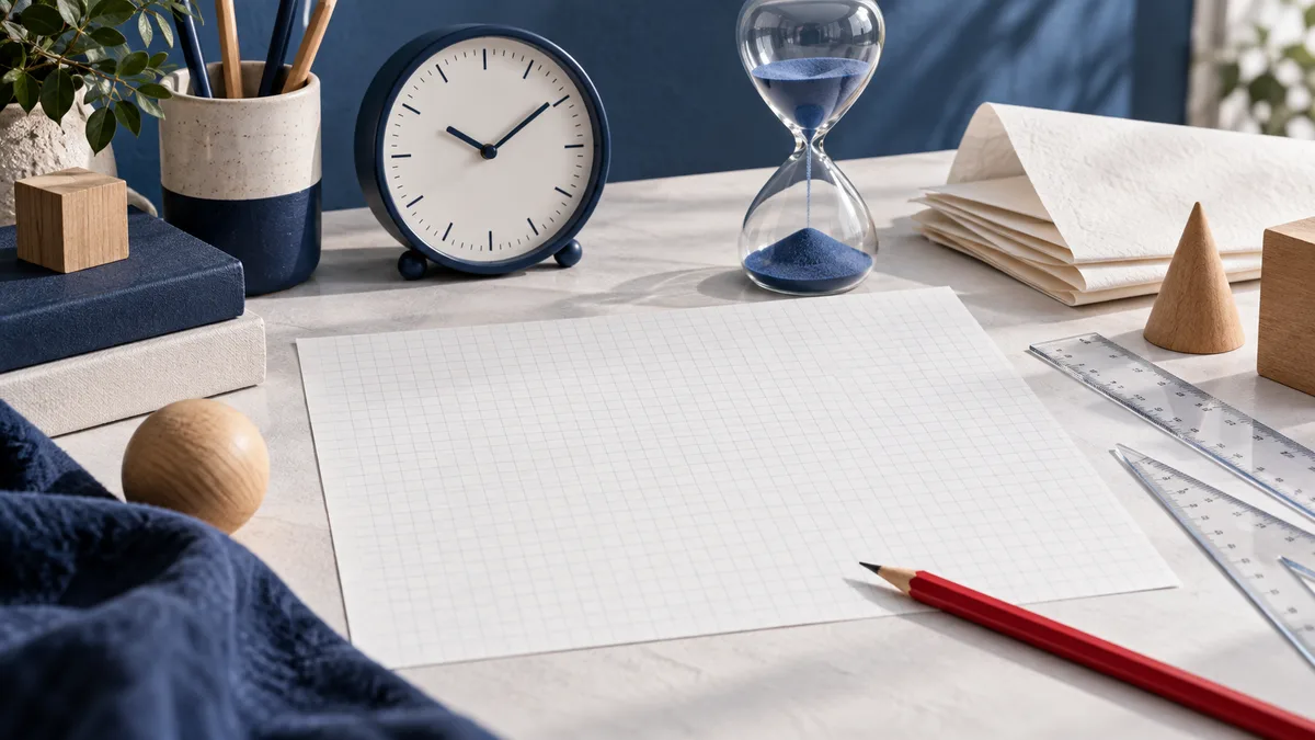 A desk still life with a round clock, an hourglass, blank graph paper, a red pencil, transparent rulers, stacked papers, and wooden shapes.