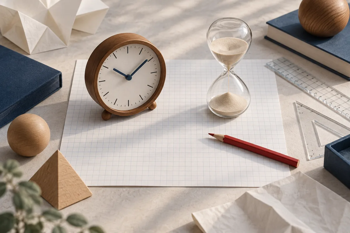 A wooden clock and glass hourglass sit on blank graph paper beside a red pencil and clear rulers.