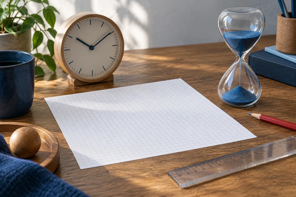 A wooden clock and blue-sand hourglass sit beside blank graph paper, a red pencil, and a ruler on a desk.
