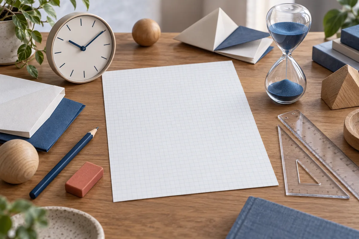 A clock and blue-sand hourglass sit beside blank graph paper, pencils, folded paper, wooden shapes and clear rulers on a wooden table.