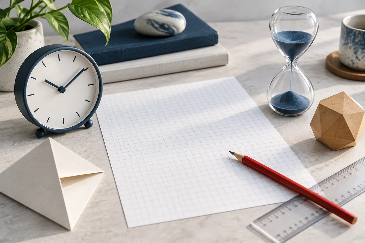 A blank sheet of graph paper with a red pencil and clear ruler, beside a clock, an hourglass, folded paper, and a wooden geometric shape.