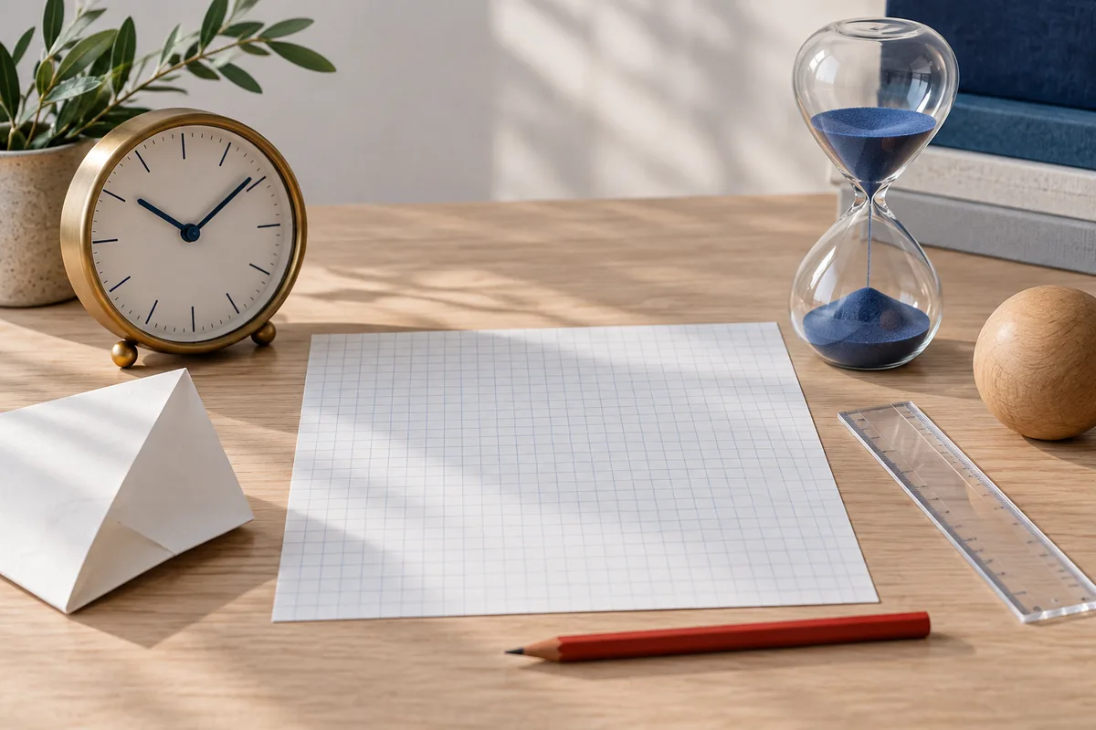 A desk with a clock, blue-sand hourglass, blank grid paper, clear ruler, red pencil, folded paper, and wooden sphere.