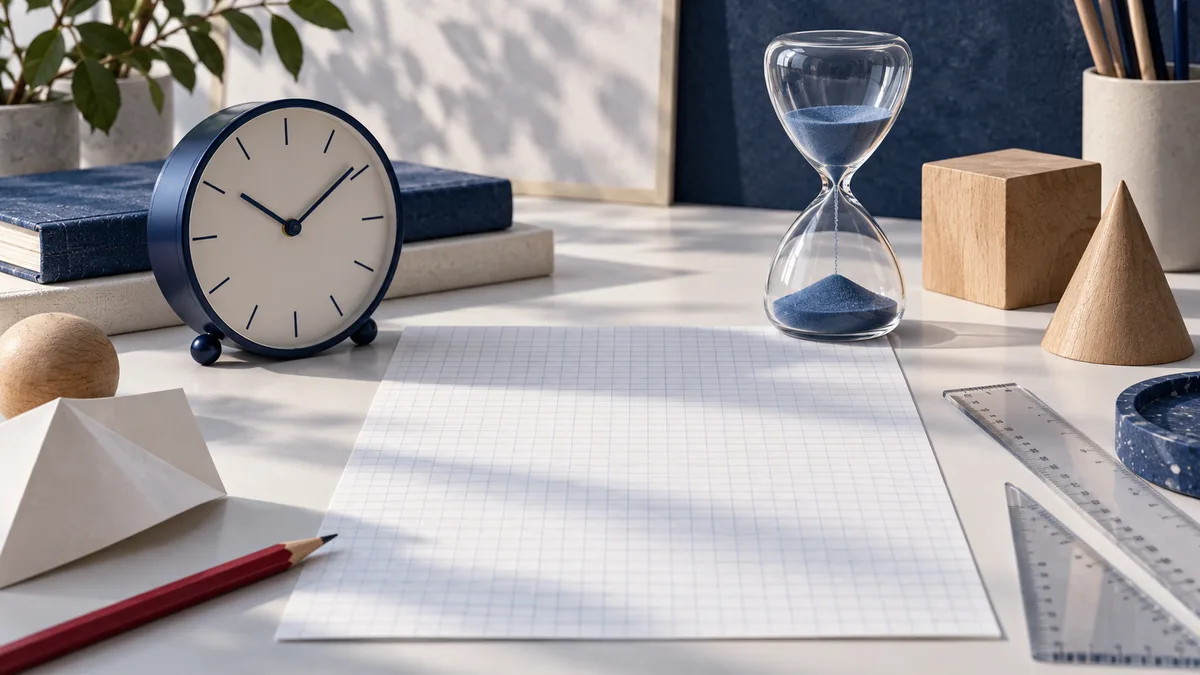 A clock and hourglass sit above blank graph paper, surrounded by wooden shapes, rulers and a red pencil.