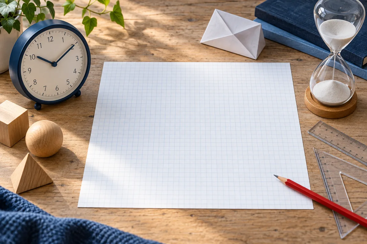 A red pencil rests on blank graph paper beside a clock, an hourglass, rulers, wooden geometric forms, and a folded paper shape on a wooden desk.