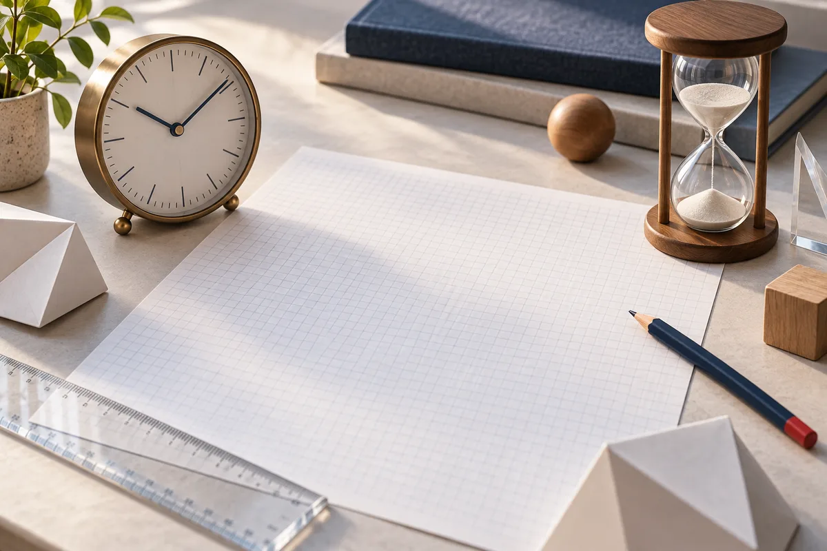 A round clock and glass hourglass sit beside a sheet of graph paper, a pencil, ruler, wooden blocks, a small plant, and books on a light desk.