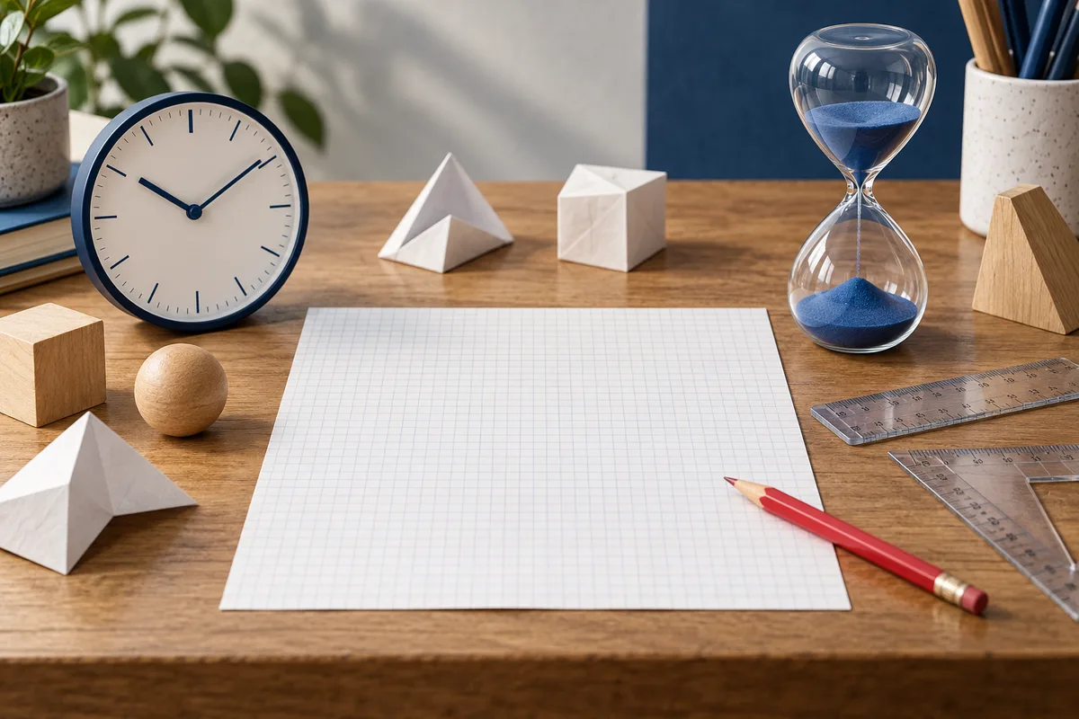 A tabletop with a clock, hourglass, blank grid paper, red pencil, rulers, and wooden geometric shapes.