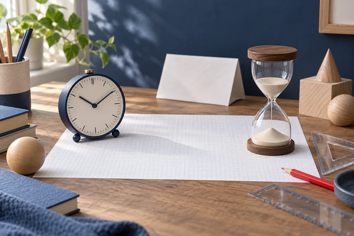 A clock and hourglass sit on graph paper beside wooden shapes, clear rulers, and a red pencil.