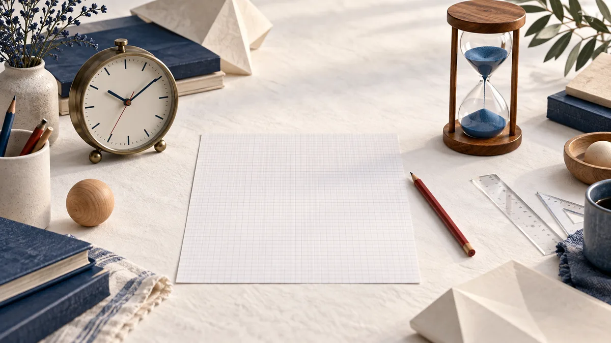 Still life with a blank graph-paper sheet, an analog clock, a blue hourglass, a red pencil, rulers, books, and wooden objects on a light desk.