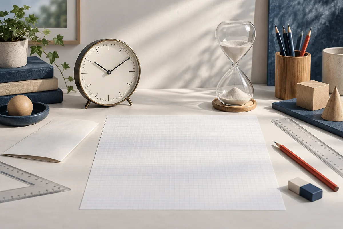A clock and hourglass sit behind blank graph paper, with rulers, pencils, books, and wooden shapes on a desk.