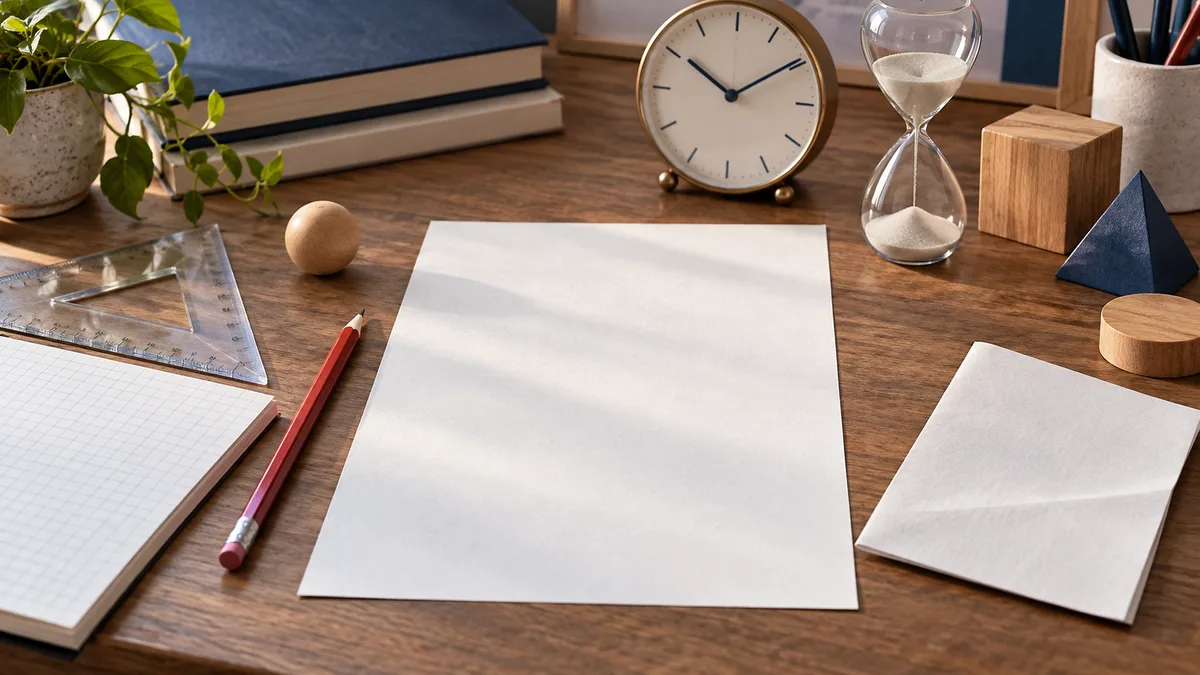 A wooden desk holds blank white papers, a red pencil, transparent rulers, stacked books, a round clock, an hourglass, wooden shapes, and a potted plant.