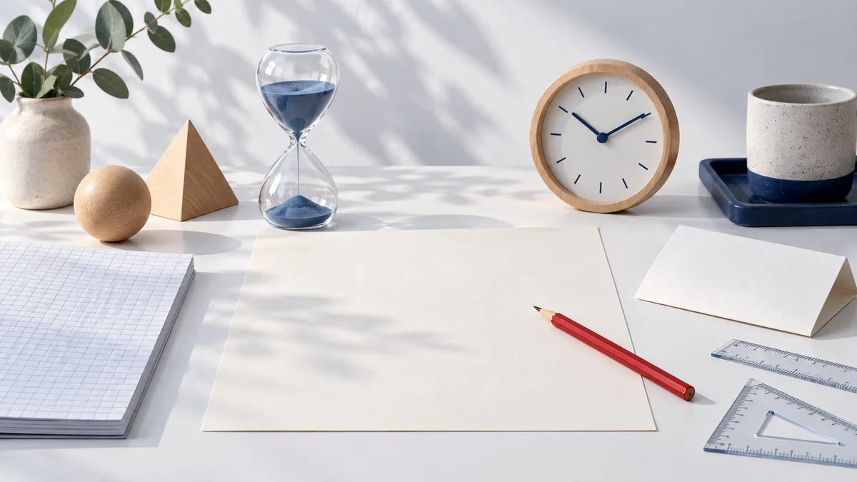 Still life on a white tabletop with a clock, blue-sand hourglass, blank paper, red pencil, rulers, graph paper, wooden shapes, a plant, and a cup on a blue tray.