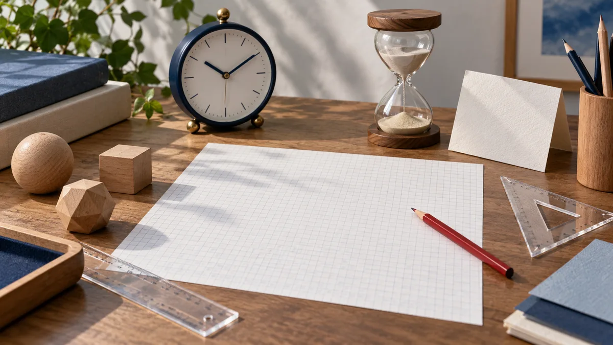 A wooden desk holds a clock, an hourglass, blank graph paper, pencils, clear rulers, and several wooden shapes.
