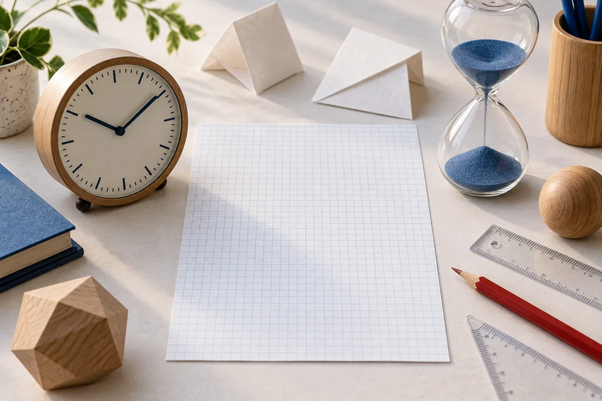 A wooden clock and blue-sand hourglass sit beside blank graph paper, folded paper shapes, rulers, a red pencil, and wooden objects on a pale desk.