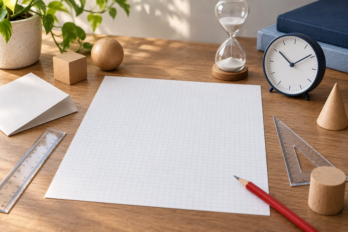 A blank sheet of graph paper with a red pencil, rulers, folded paper, wooden shapes, an hourglass, and a clock on a desk.