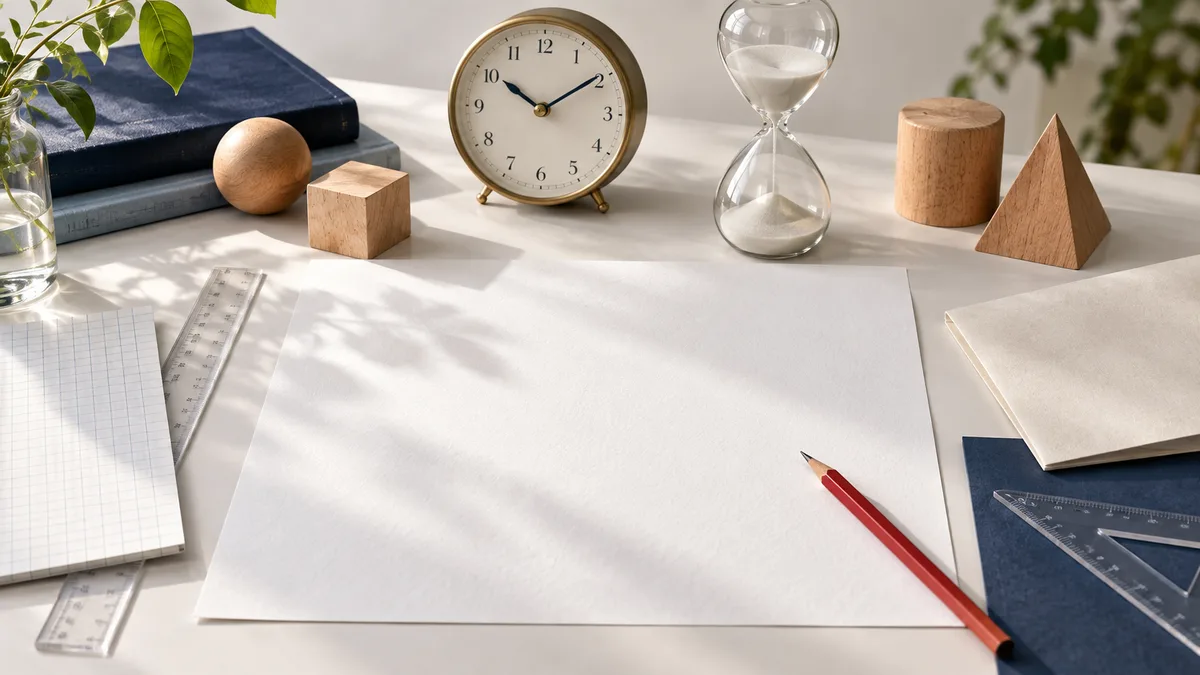 A blank white sheet on a tabletop sits between an analog clock and a glass hourglass, with graph paper, rulers, a red pencil, books, plants, and wooden shapes nearby.