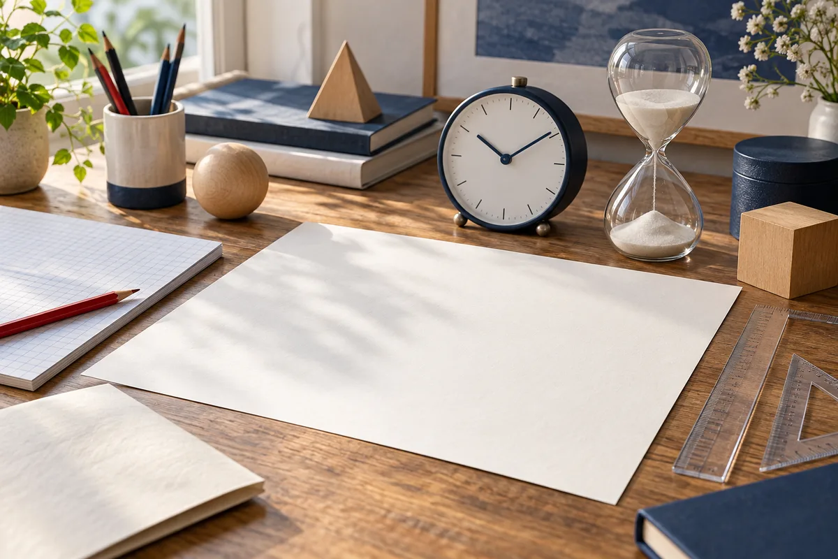 A wooden desk holds a blank sheet of paper, a clock, an hourglass, rulers, pencils, books, and wooden geometric objects.