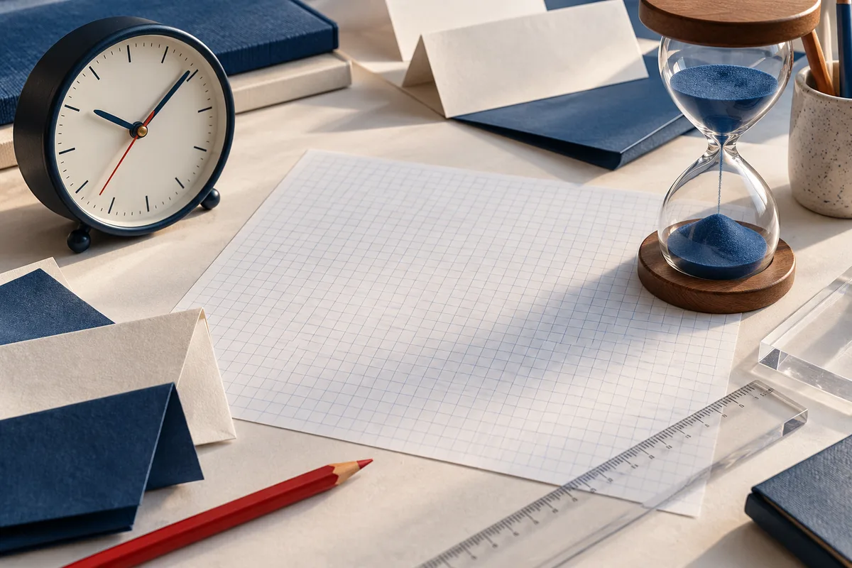 A clock and blue-sand hourglass sit beside blank graph paper, a clear ruler and red pencil.