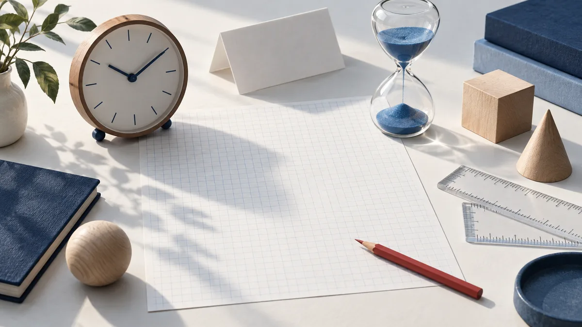 A wooden clock and blue-sand hourglass sit beside blank graph paper, wooden shapes, clear rulers, books, and a red pencil.