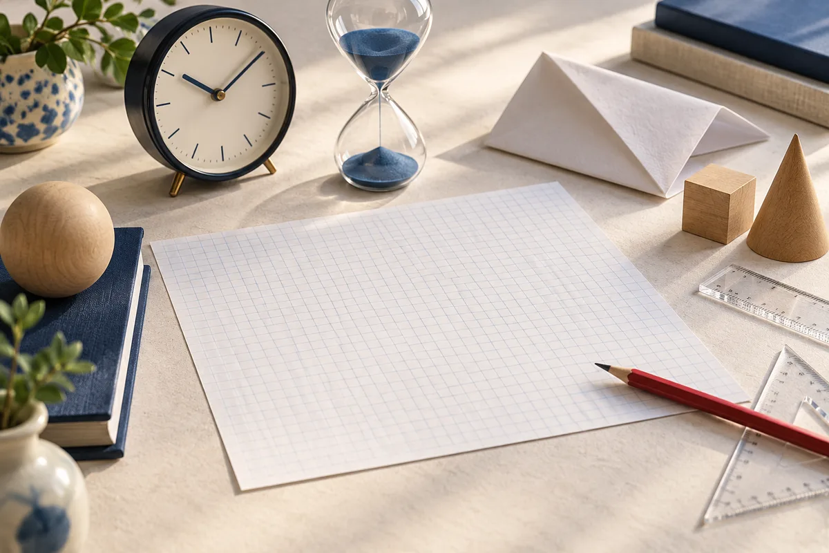 A clock and hourglass sit beside blank graph paper, folded paper, wooden shapes, rulers, and a red pencil on a sunlit desk.
