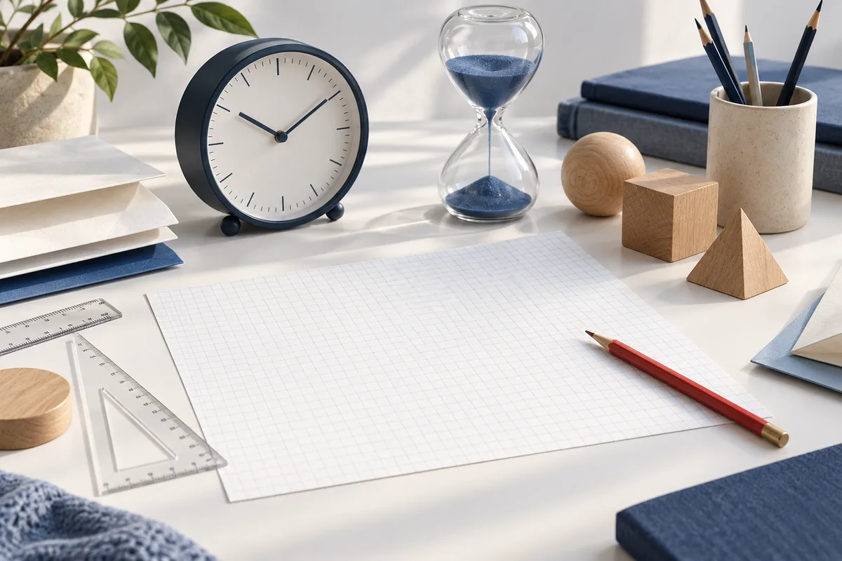 A round clock and wooden hourglass sit beside blank graph paper, a red pencil, folded paper, books and a ruler on a wooden desk.