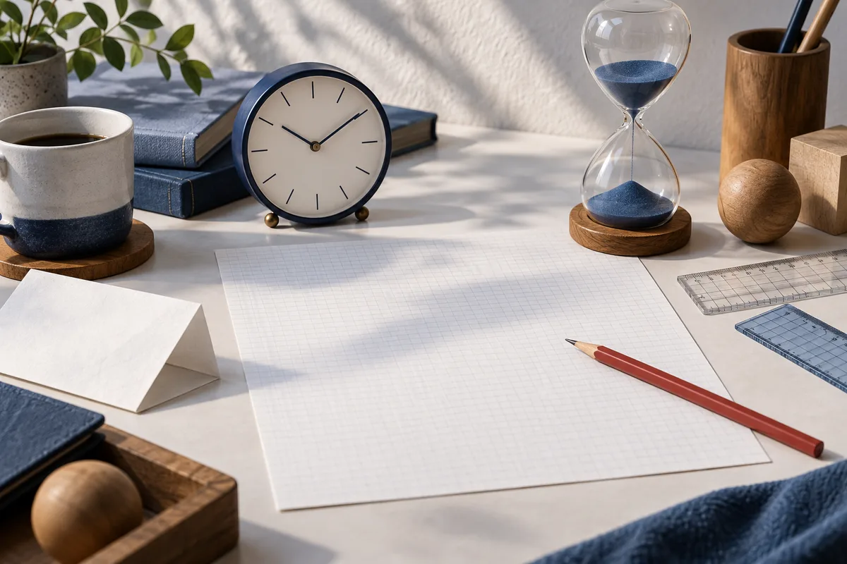 A tabletop still life with a round clock, blue-sand hourglass, blank graph paper, red pencil, rulers, books, and a cup.