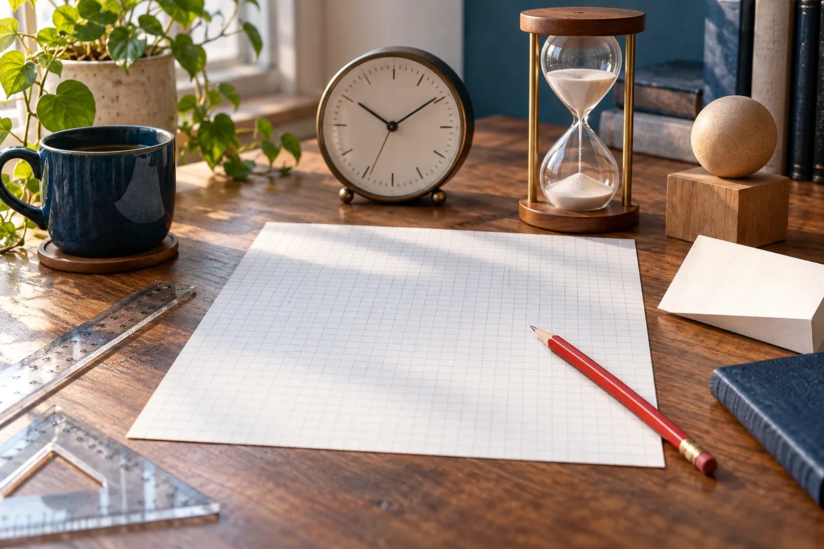 A tabletop still life with a clock and hourglass behind blank graph paper, with rulers and a red pencil nearby.