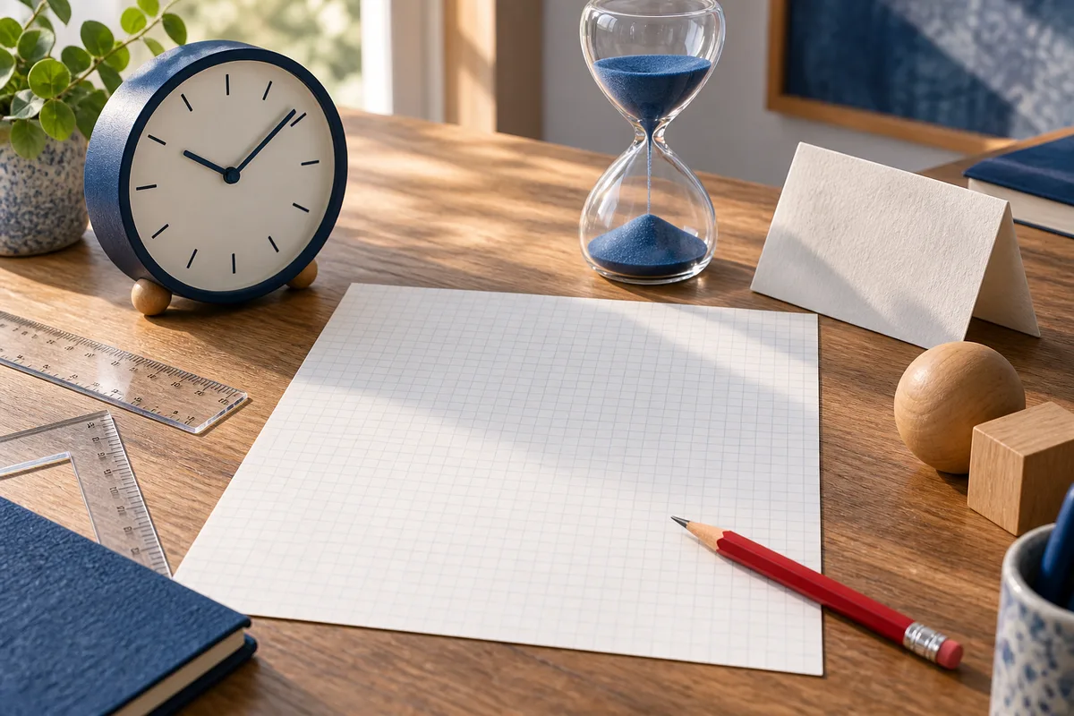 A wooden desk holds blank graph paper, a red pencil, a round analog clock, a blue-sand hourglass, transparent rulers, and wooden shapes.