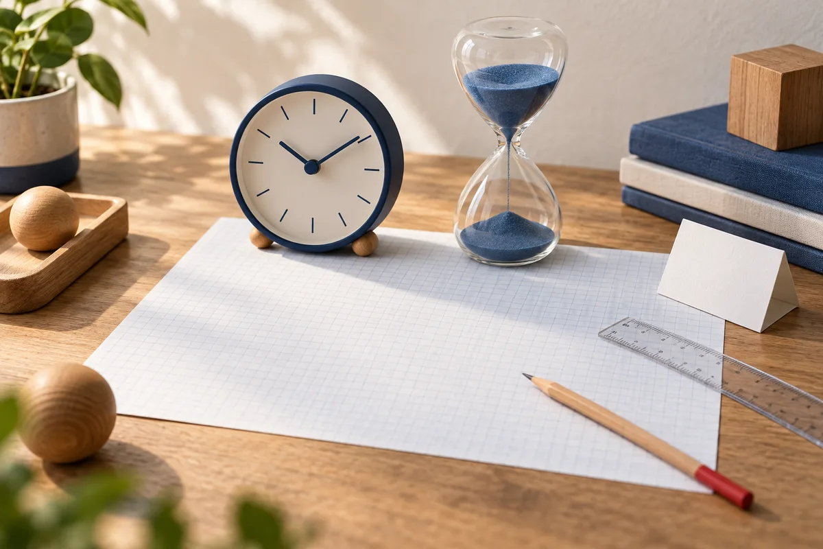 A navy-rimmed clock and blue-sand hourglass sit on a wooden desk beside blank graph paper, a pencil, transparent ruler, books, and wooden shapes.
