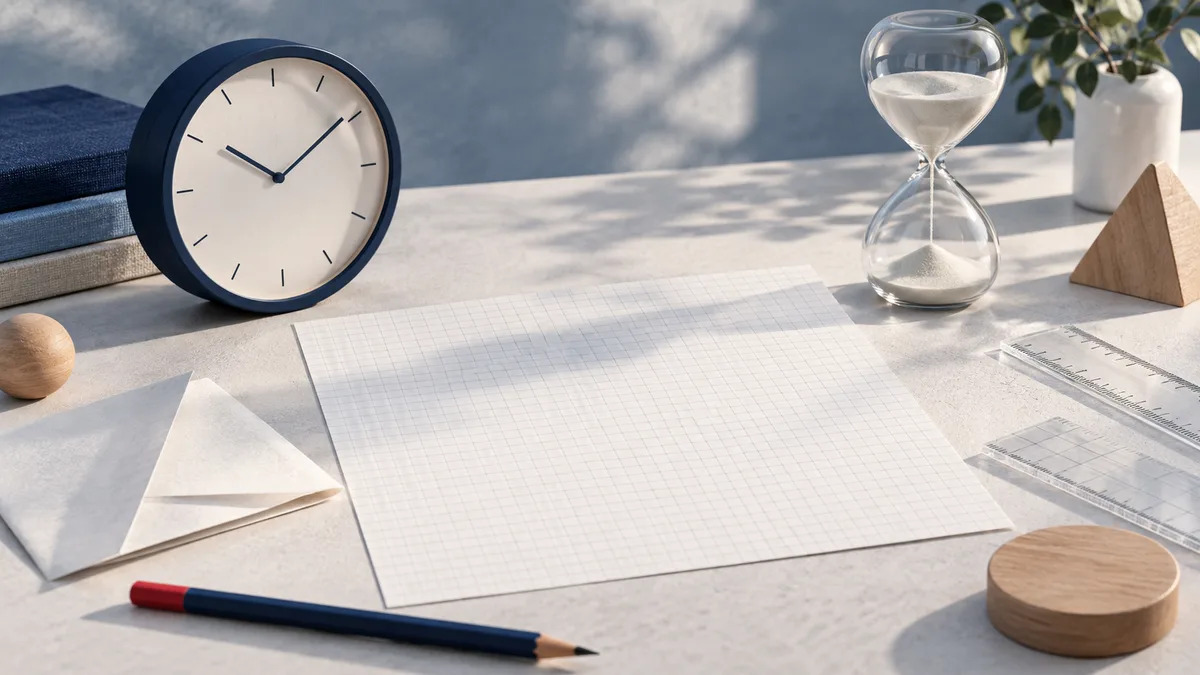 A blue-rimmed clock and glass hourglass sit beside blank grid paper, a pencil, rulers, books, and wooden shapes on a white desk.