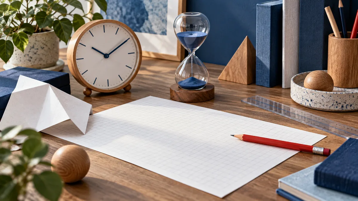 A wooden desk holds a clock, blue-sand hourglass, folded white paper, blank graph paper, red pencil, clear ruler, books, wooden objects, and a potted plant.