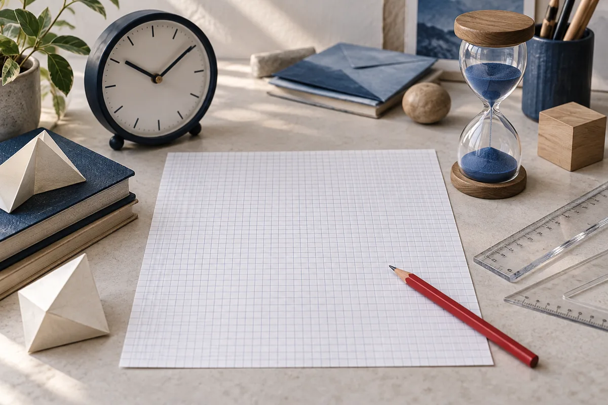 A red pencil and clear rulers rest beside blank graph paper, with a clock, blue-sand hourglass, books, and wooden shapes on a desk.