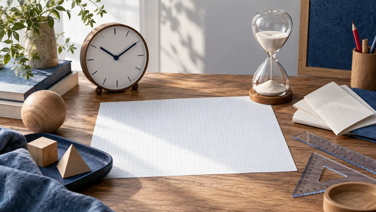 A desk still life with an analog clock, an hourglass, blank graph paper, books, wooden shapes, rulers, and a pencil.