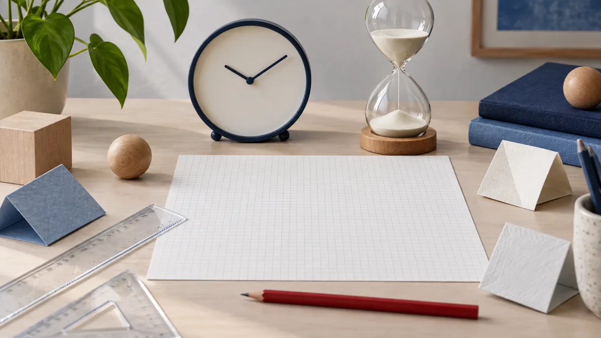 A dark blue clock and glass hourglass sit behind a blank gridded sheet on a desk, with a red pencil, clear rulers, folded paper, wooden spheres, and a leafy plant nearby.