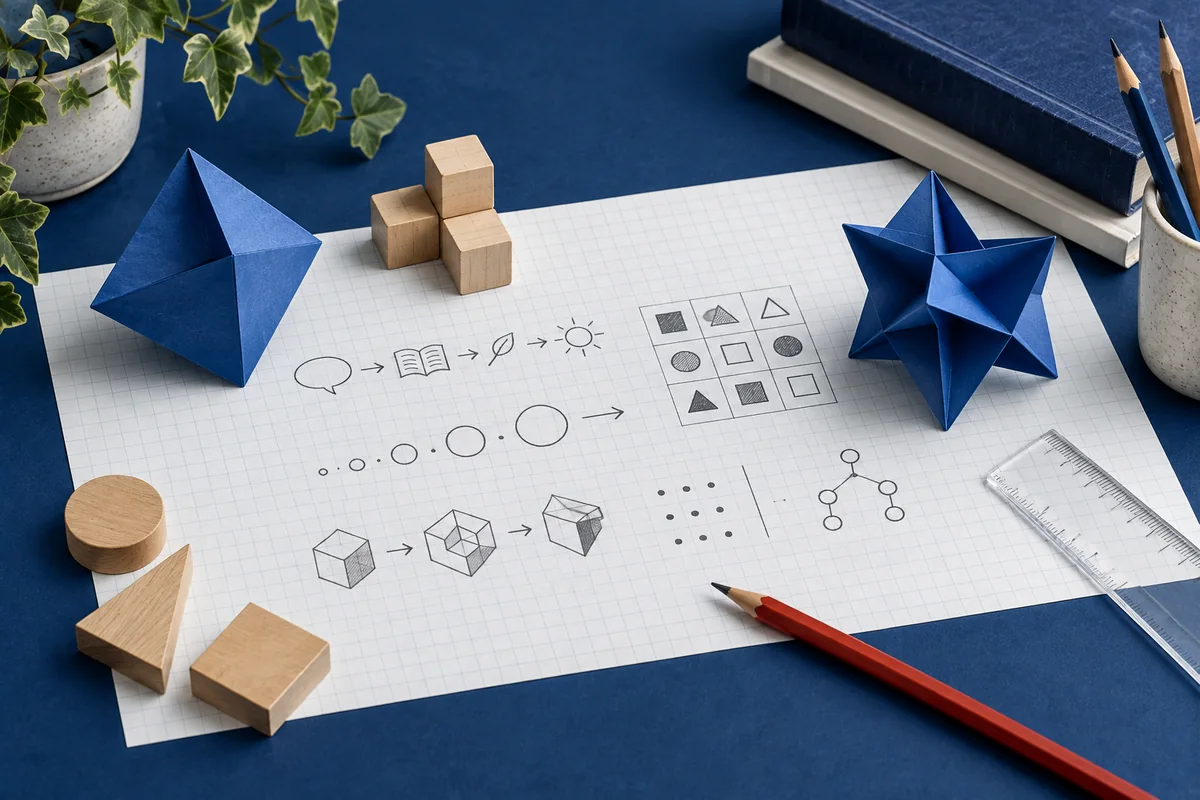A reasoning workbench with folded blue paper forms, wooden blocks, graph paper, and hand-drawn pattern marks