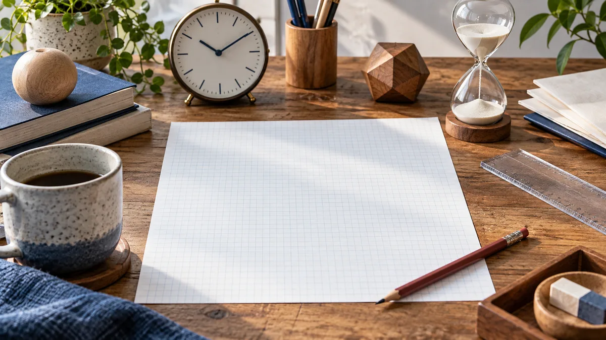A blank sheet of graph paper and a red pencil sit on a wooden desk between a clock and an hourglass, with books, a ruler, a cup, and a potted plant nearby.