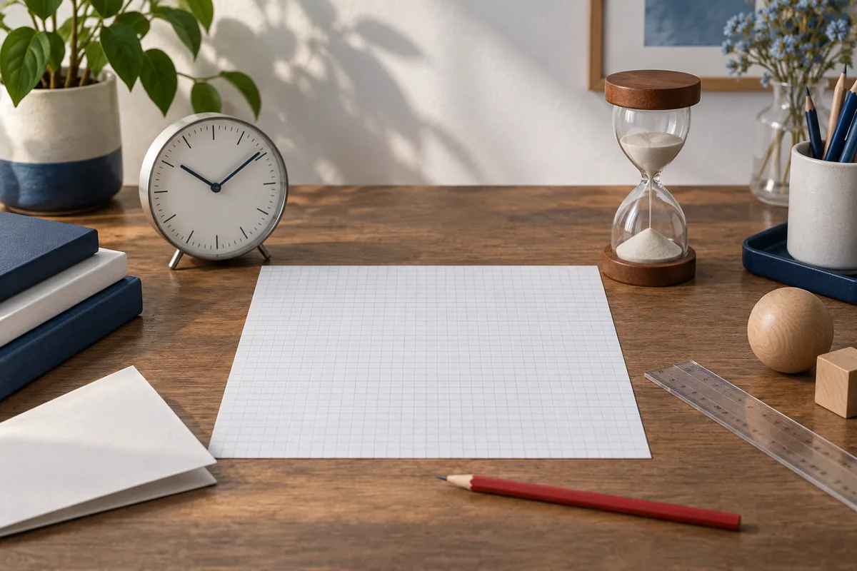A clock and hourglass sit beside blank graph paper, a ruler, and a red pencil on a wooden desk.