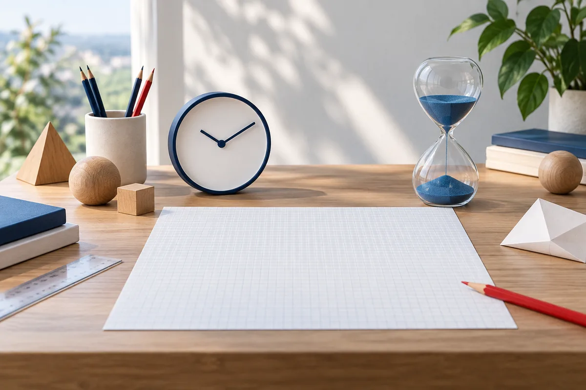 A desk holds blank graph paper, a clock, a blue hourglass, pencils, a ruler, books, and small geometric wooden shapes, with a leafy plant nearby.