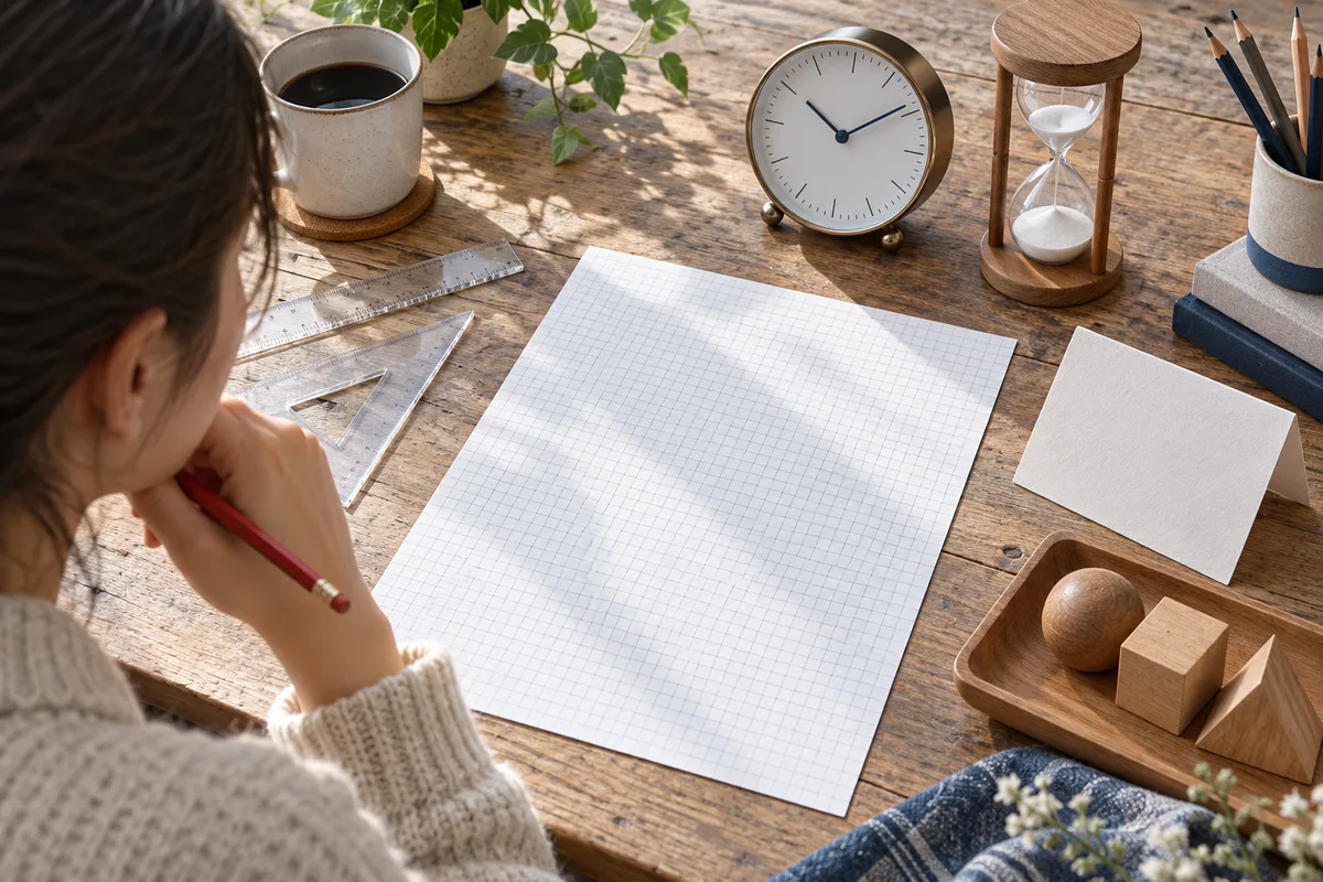 A person sits at a wooden desk beside blank graph paper, a clock, an hourglass, rulers, pencils, and wooden geometric blocks.