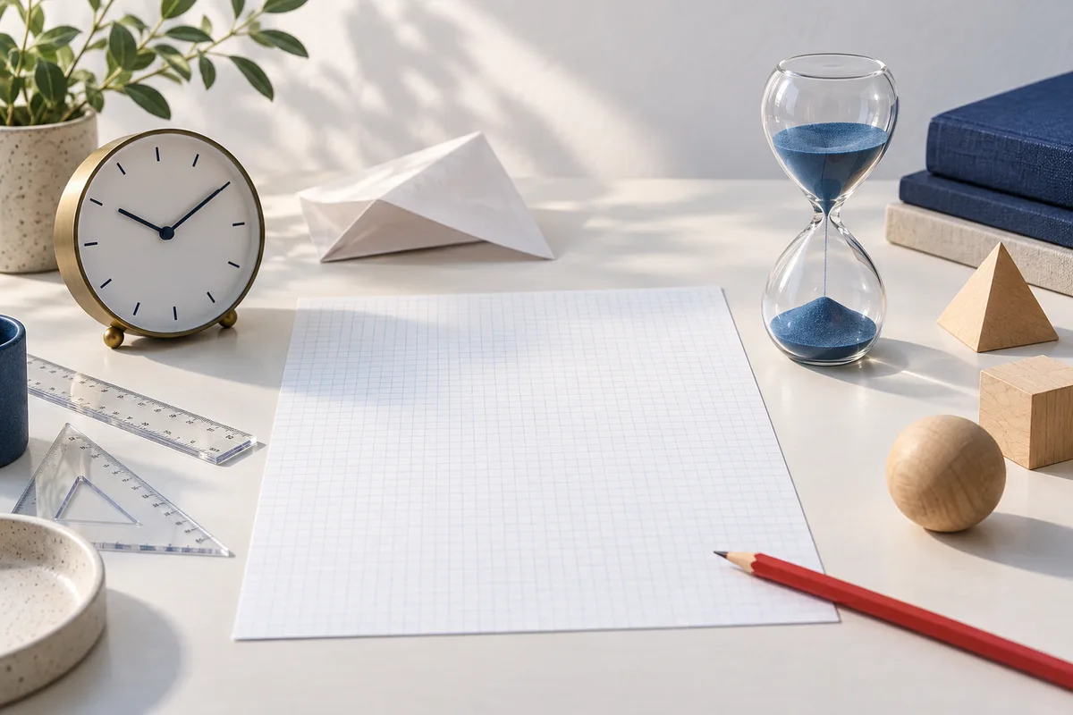 A desk still life with a blank grid sheet, red pencil, clock, blue hourglass, rulers, folded paper, and wooden shapes.