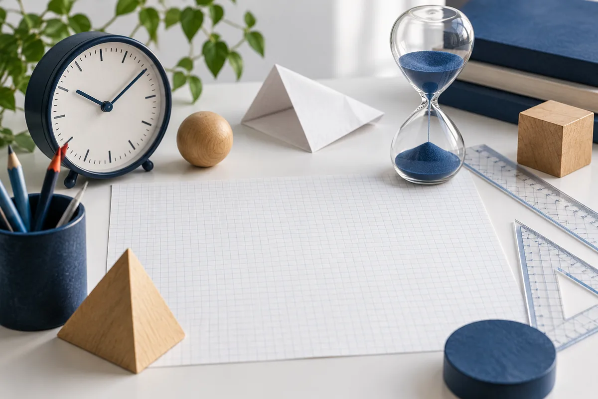 A blank sheet of graph paper on a desk with a clock, blue sand timer, folded paper, wooden shapes, pencils and transparent rulers.