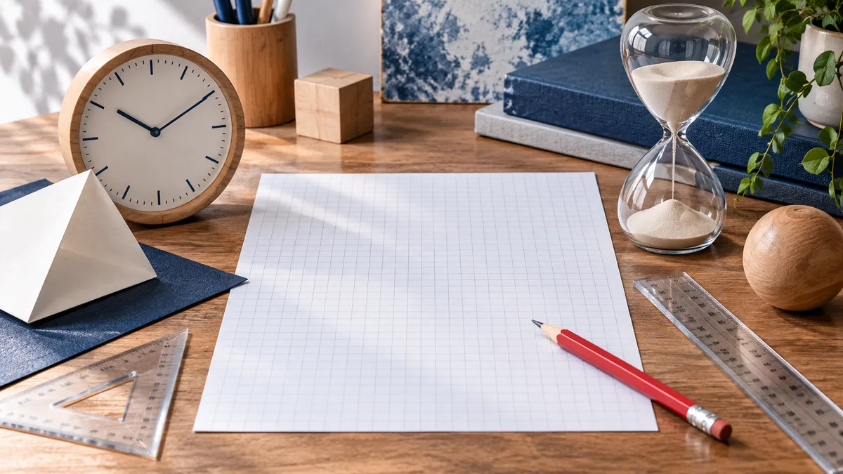 A red pencil rests on blank graph paper beside a clock, an hourglass, and clear rulers on a wooden desk.